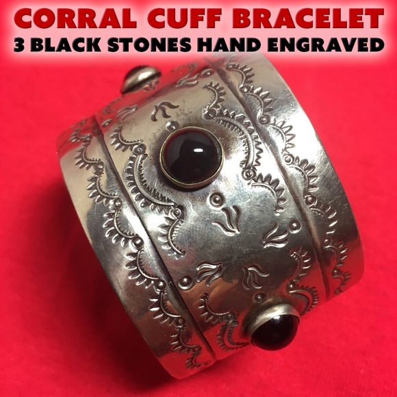 Corral Cuff Silver and Black Stones Bracelet with Intricate Designs - Picture 1 of 6